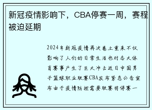 新冠疫情影响下，CBA停赛一周，赛程被迫延期